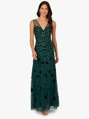 Adrianna Papell  Women's  Emerald Green Beaded Floral Mesh Evening Gown.
